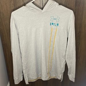 Youth XL gray under armor long sleeve with hood. Teal logo with yellow lines.